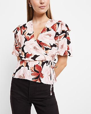 Floral Print Faux Wrap Puff Sleeve Peplum Top