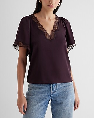 Satin Lace Trim V-Neck Short Sleeve Top