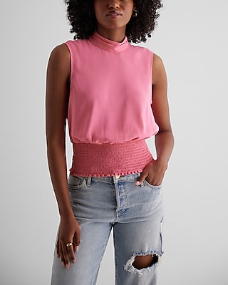 Mock Neck Smocked Gramercy Tank Pink Women's XS
