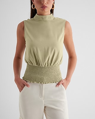 Mock Neck Smocked Gramercy Tank Green Women's XL