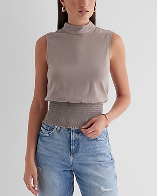 Mock Neck Smocked Gramercy Tank Gray Women's XS