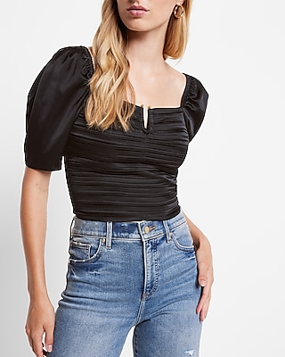 Satin Ruched V-Bar Crop Top Black Women's