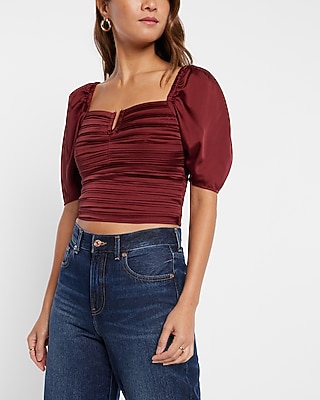 Satin Ruched V-Bar Crop Top Red Women's XS