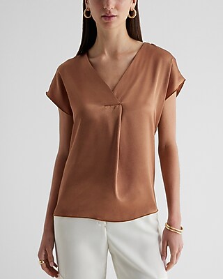 Satin V-Neck Short Sleeve Top Brown Women's XS
