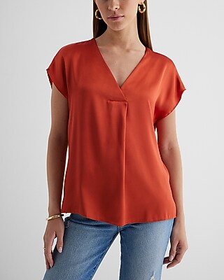 Satin V-Neck Short Sleeve Top Red Women's XS