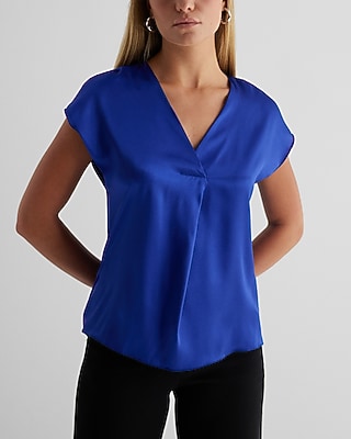 Satin V-Neck Short Sleeve Top Blue Women's XS