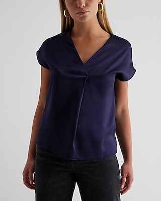 Satin V-Neck Short Sleeve Top Blue Women's XS