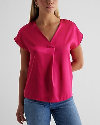 Satin V-Neck Short Sleeve Top Pink Women's XS