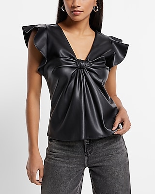 Faux Leather V-Neck Flutter Sleeve Knot Top