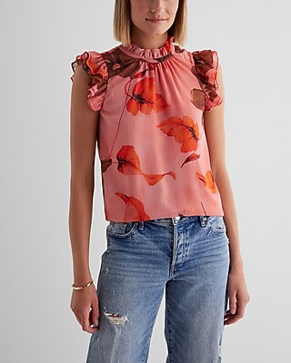 Metallic Floral Ruffle Mock Neck Flutter Sleeve Gramercy Tee