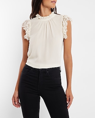 Ruffle Mock Neck Lace Sleeve Gramercy Tee White Women's L
