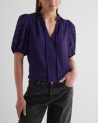 V-Neck Sheer Puff Sleeve Drawstring Top Purple Women's XS