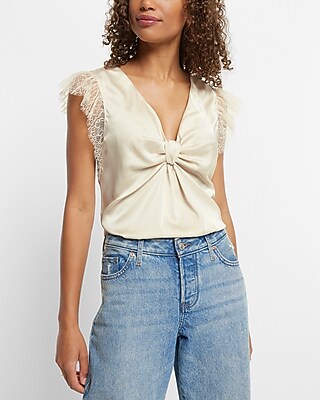 Satin V-Neck Flutter Lace Sleeve Knot Gramercy Top Neutral Women's XS