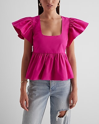 Square Neck Flutter Sleeve Peplum Babydoll Top Pink Women's M