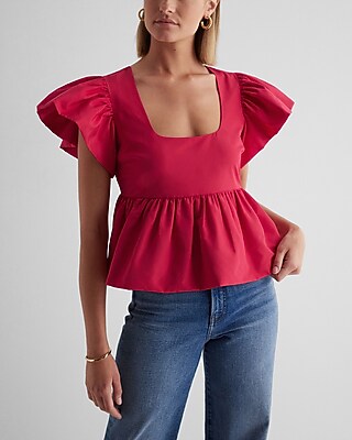 Square Neck Flutter Sleeve Peplum Babydoll Top Pink Women's M