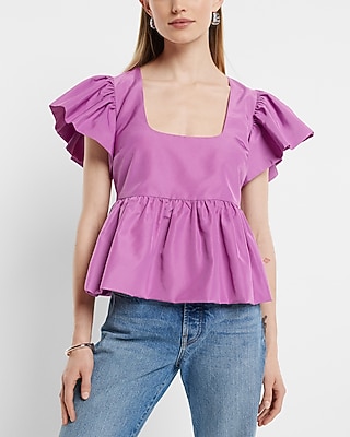 Square Neck Flutter Sleeve Peplum Babydoll Top Purple Women's S