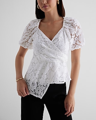 Lace Puff Sleeve Asymmetrical Peplum Top White Women's L