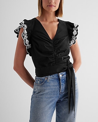 Eyelet V-Neck Flutter Sleeve Ruched Tie Waist Top