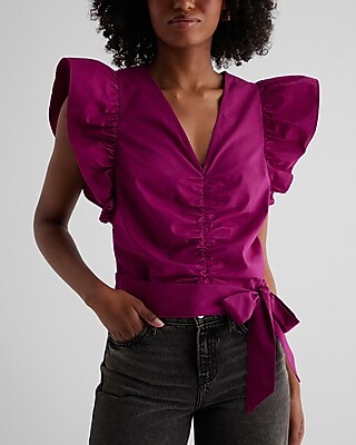 V-Neck Flutter Sleeve Ruched Tie Waist Top Pink Women's XS