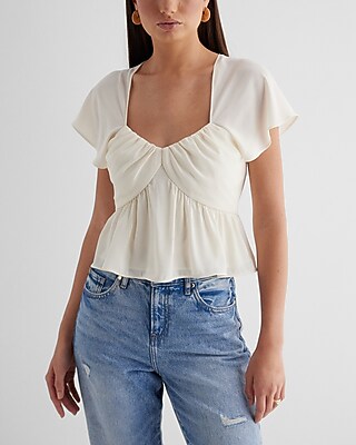 Sweetheart Neckline Peplum Flutter Sleeve Crop Top White Women's S