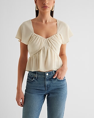 Sweetheart Neckline Peplum Flutter Sleeve Crop Top Neutral Women's M
