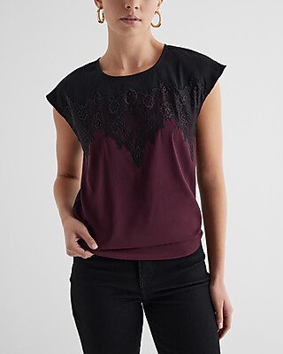 Satin Crew Neck Lace Front Gramercy Tee Red Women's M