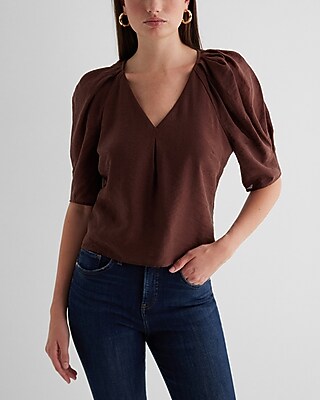 V-Neck Short Puff Sleeve Top Orange Women's XS