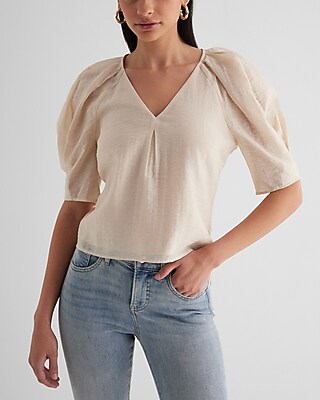 V-Neck Short Puff Sleeve Top Neutral Women's M