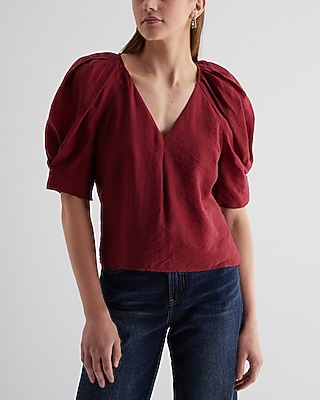 V-Neck Short Puff Sleeve Top Brown Women's S