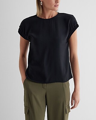 Satin Crew Neck Ruched Sleeve Gramercy Tee Black Women's S