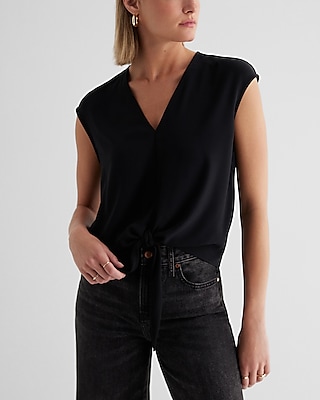 Satin V-Neck Tie Front Gramercy Tee Black Women's L