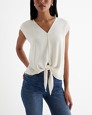 Satin V-Neck Tie Front Gramercy Tee White Women's S