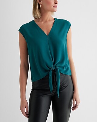 Satin V-Neck Tie Front Gramercy Tee Green Women's S