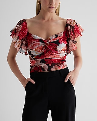 Floral Sweetheart Neckline Flutter Sleeve Top