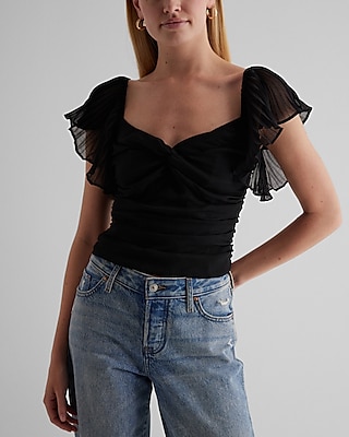 Sweetheart Neckline Flutter Sleeve Top