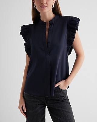 Flutter Sleeve Button Up Gramercy Shirt Blue Women's L