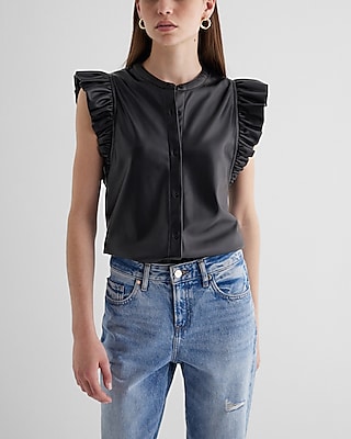 Faux Leather Flutter Sleeve Button Up Gramercy Tee