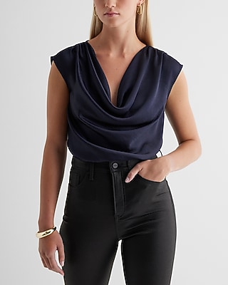 Satin Cowl Neck Gramercy Bodysuit Blue Women's L