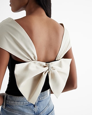 Velvet Square Neck Satin Rhinestone Bow Bodysuit