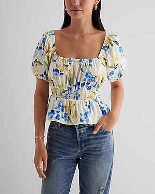 Floral Square Neck Puff Sleeve Peplum Top