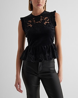 Velvet Crew Neck Lace Embroidered Peplum Top Black Women's XL