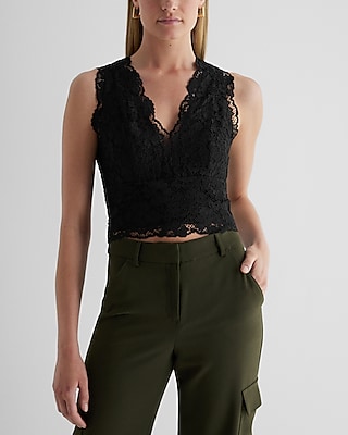 Lace V-Neck Smocked Back Tank Black Women's XS