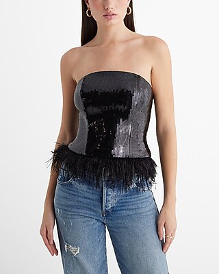 Sequin Strapless Feather Hem Tube Top