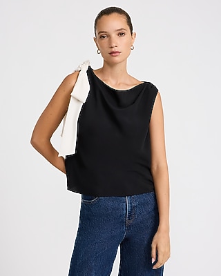 Crepe Color Block Cowl Neck Bow Top
