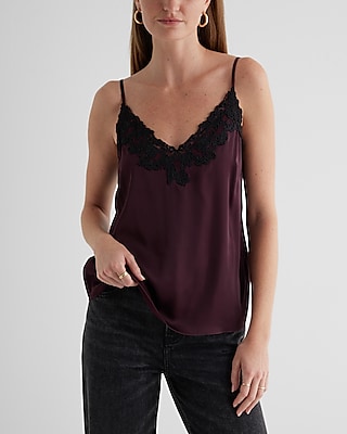 Satin V-Neck Lace Trim Downtown Cami Red Women's S