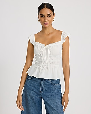 Tie Front Flutter Sleeve Ruffle Smocked Top
