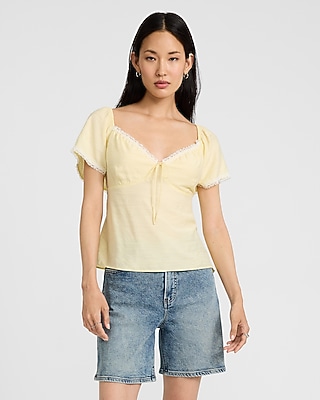 Lace Trim Sweetheart Short Sleeve Tie Front Top
