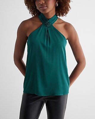 Satin Gathered Halter Neck Tank Green Women's L