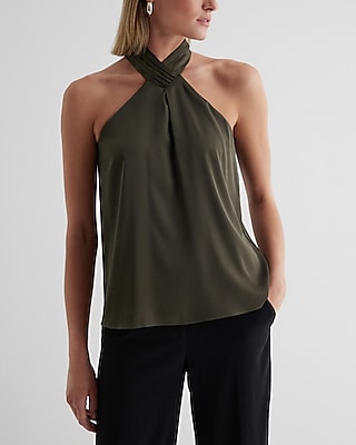 Satin Gathered Halter Neck Tank Green Women's XL
