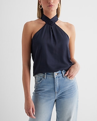 Satin Gathered Halter Neck Tank Blue Women's XS